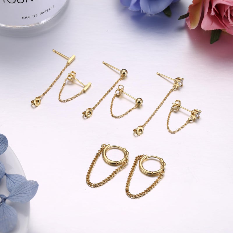 YADOCA 4 Pairs Chain Earrings for Women CZ Ball Bar Huggie Hoop Piercing Dangle Chain Stud Earring Set Gold - Image 5